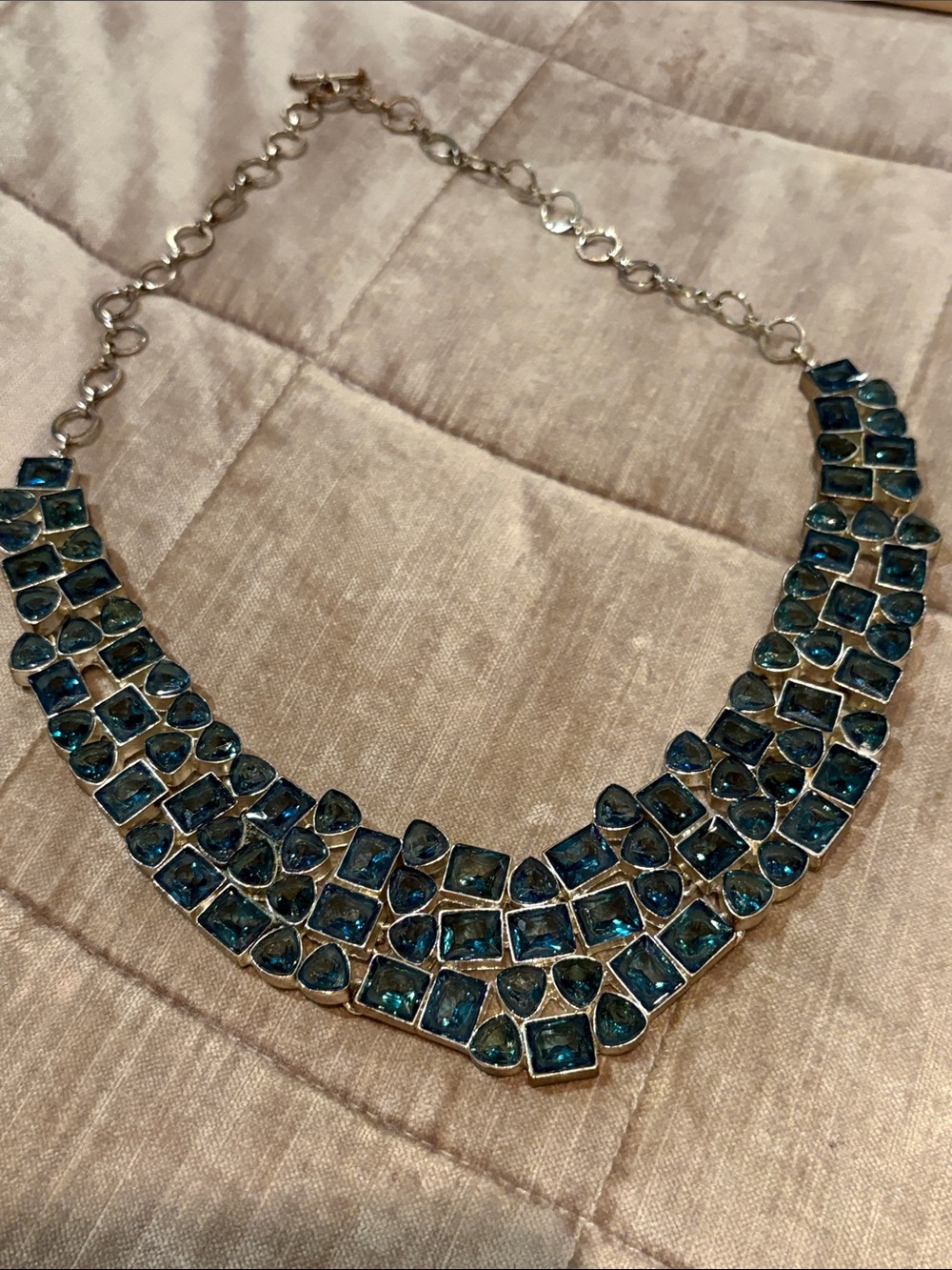 Vintage Teal Blue Topaz Glass Crystal Collar Bib Necklace 20-26”